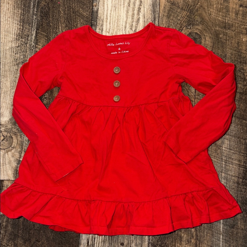 Vibrant Red Long Sleeve Kids Top with Button Detail